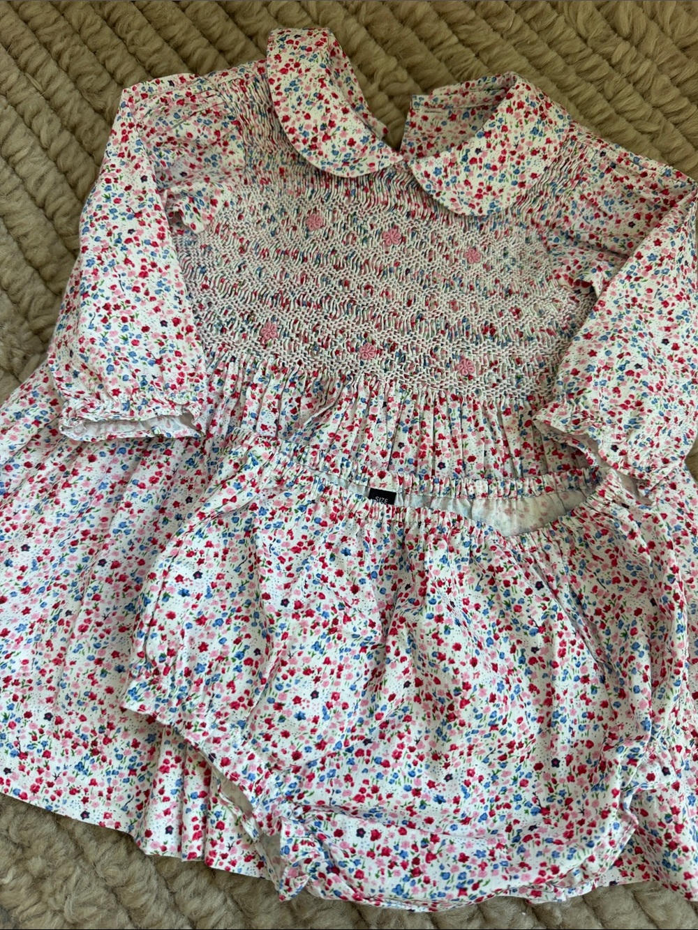 Smocked Floral Peter Pan Collar Dress in White with Pink & Blue Flowers